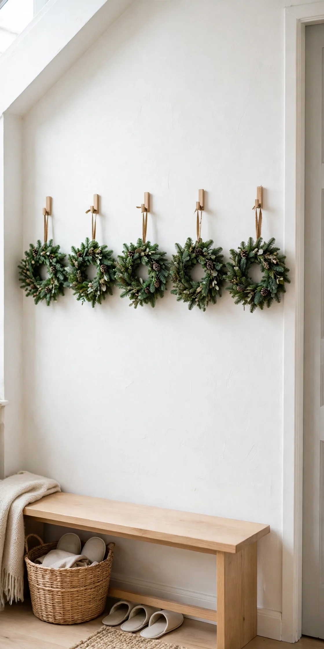 mini wreaths on over door hooks entryway
