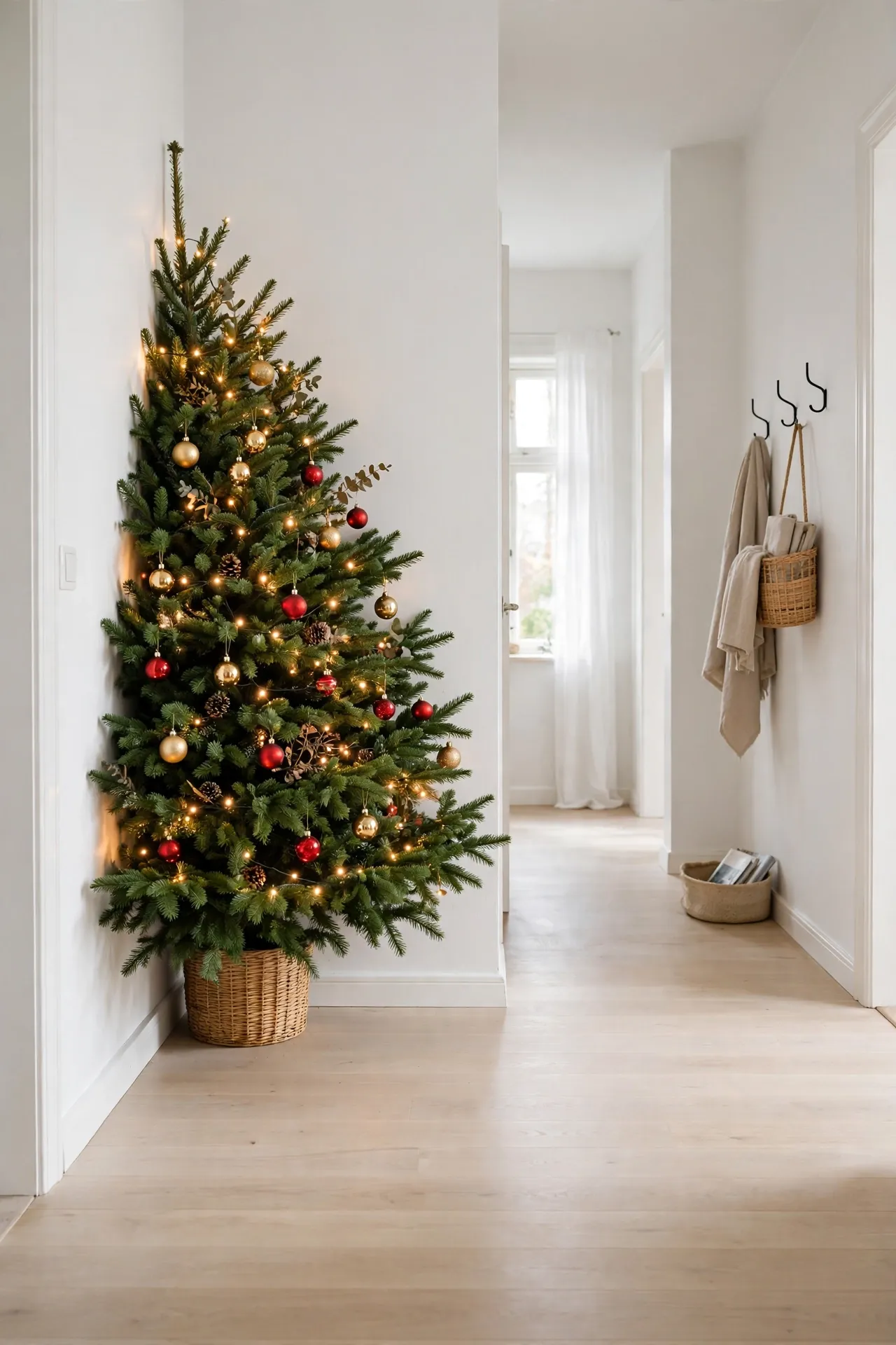 flat back christmas tree against wall hallway