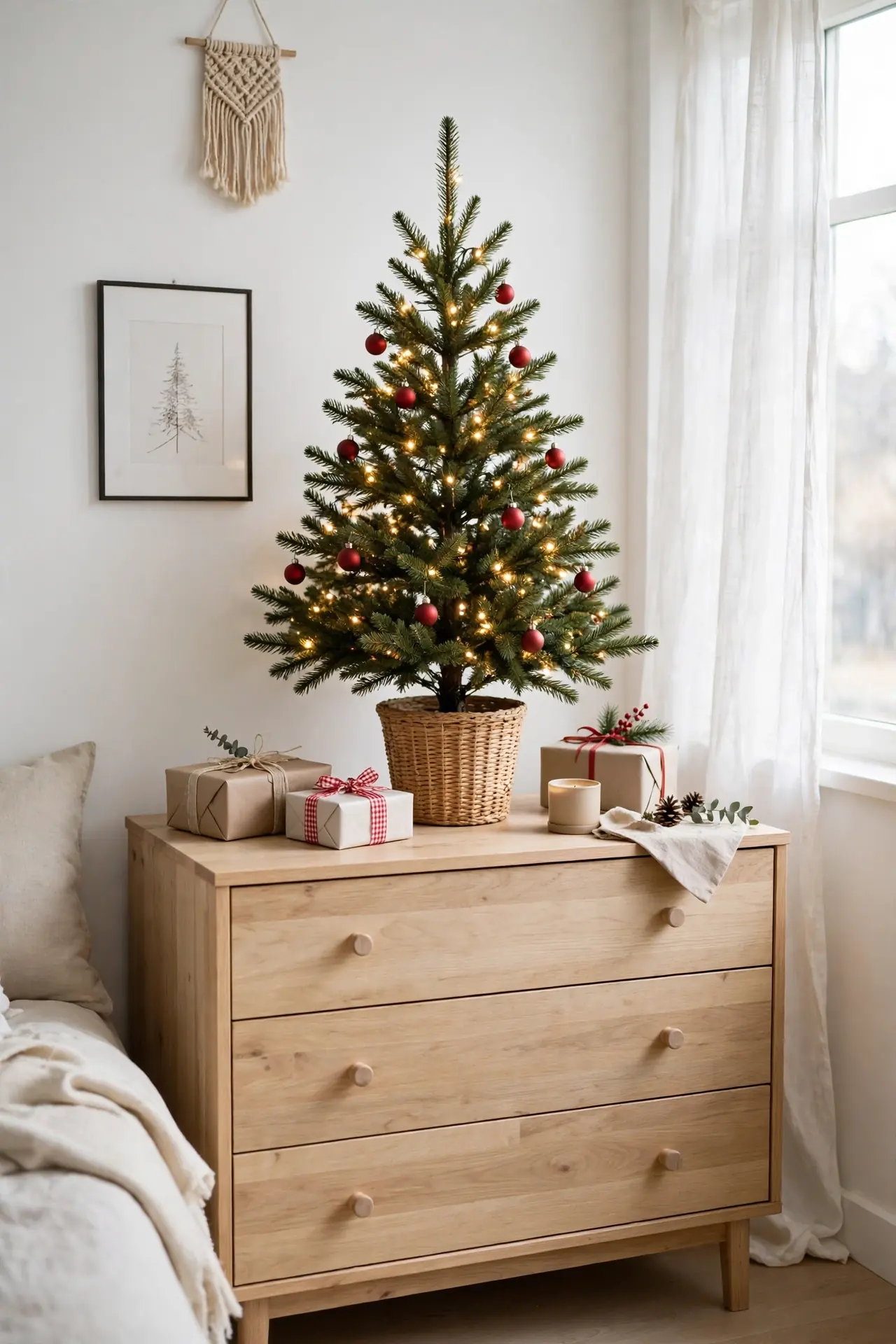 tabletop christmas tree on dresser apartment