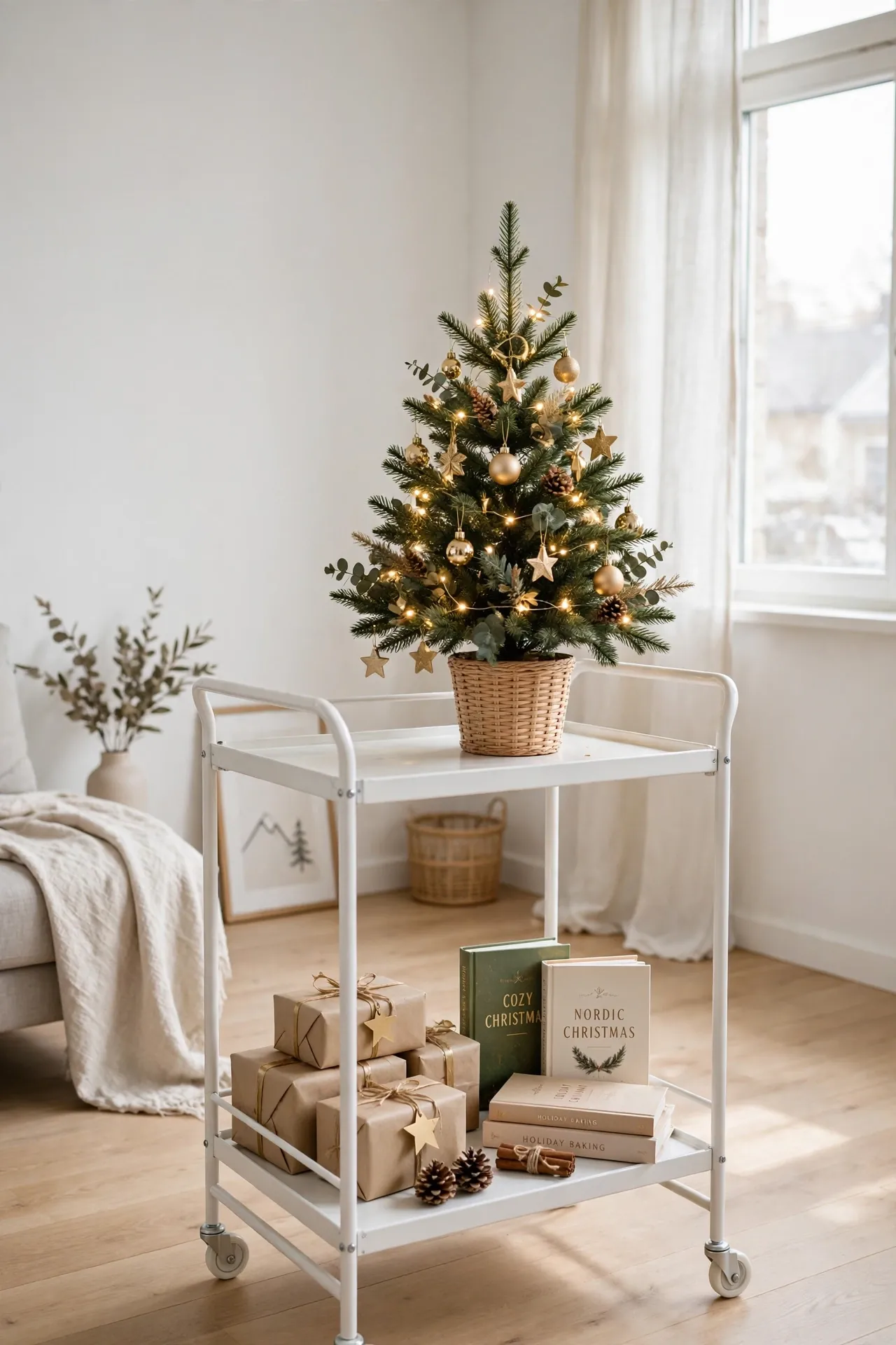 mini christmas tree on bar cart