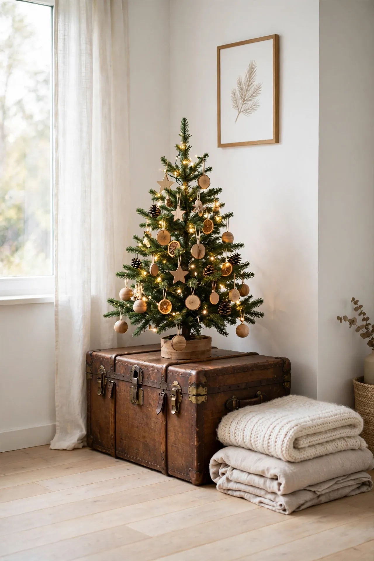 christmas tree on storage trunk ottoman