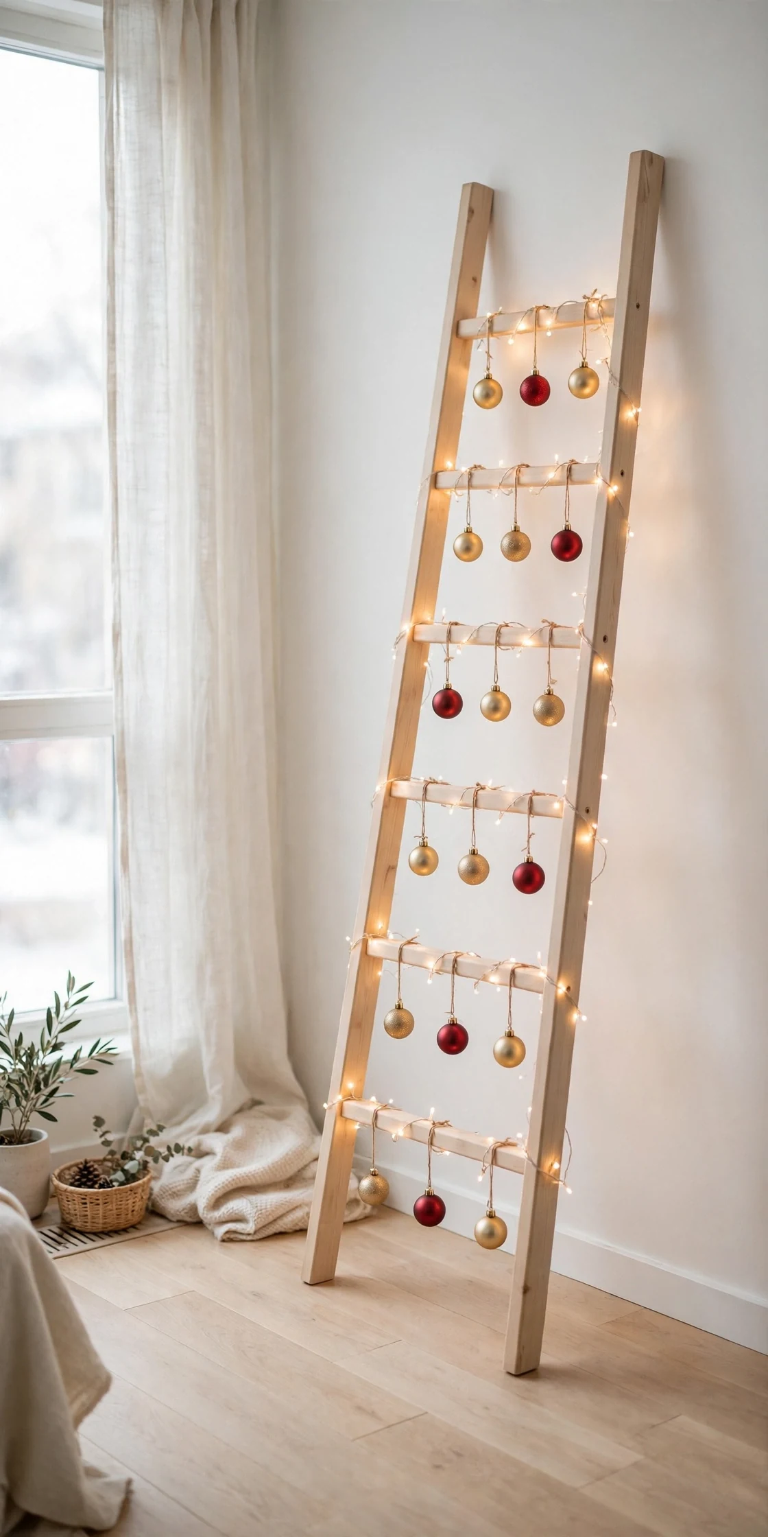 wooden ladder christmas tree against wall