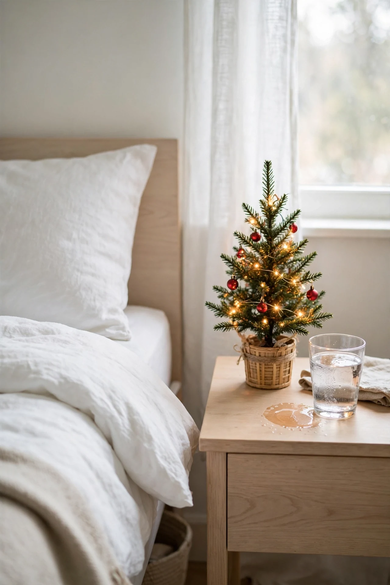 mini christmas tree on nightstand bedroom