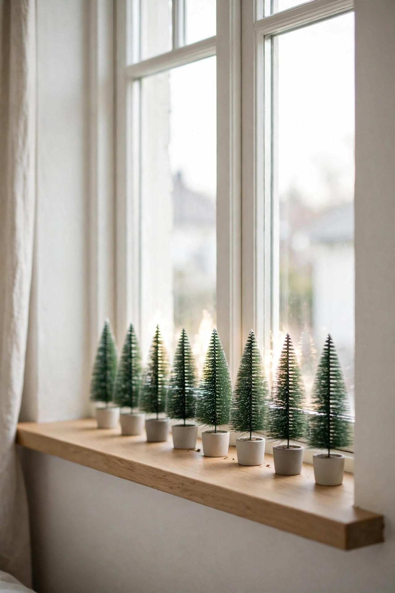 mini christmas trees windowsill row