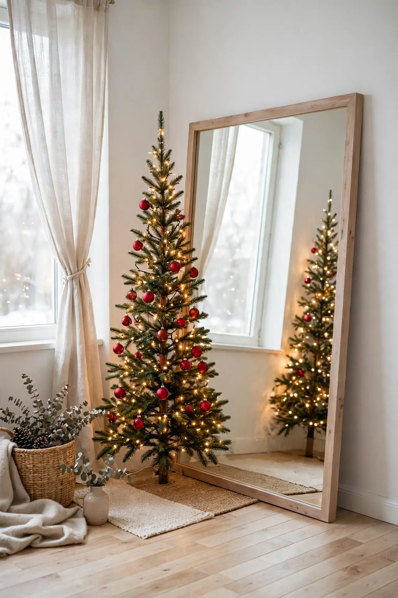 mirror behind small christmas tree reflection