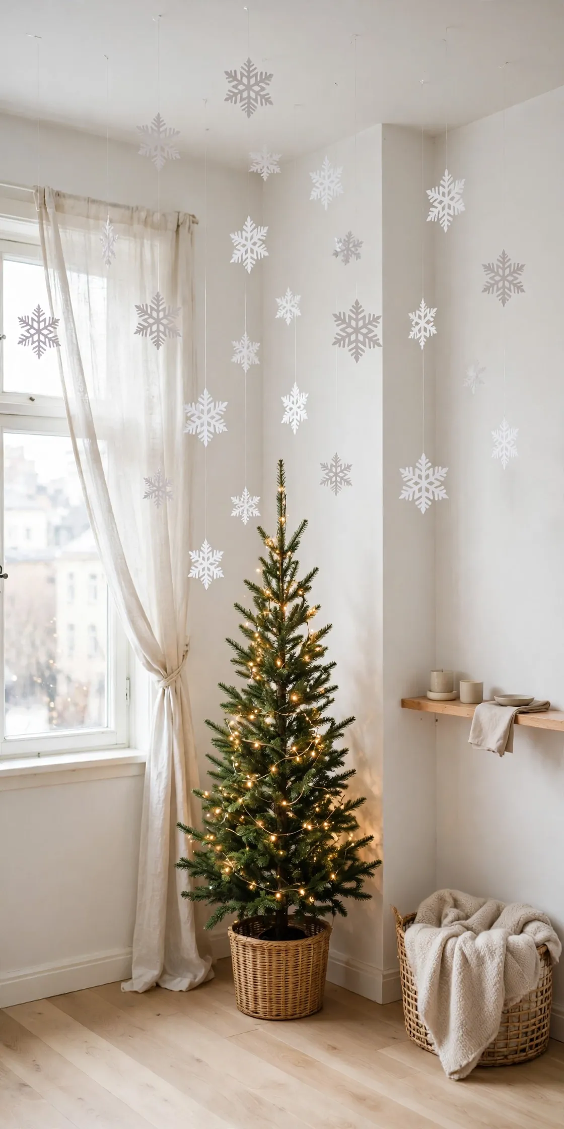 paper snowflakes hanging above christmas tree