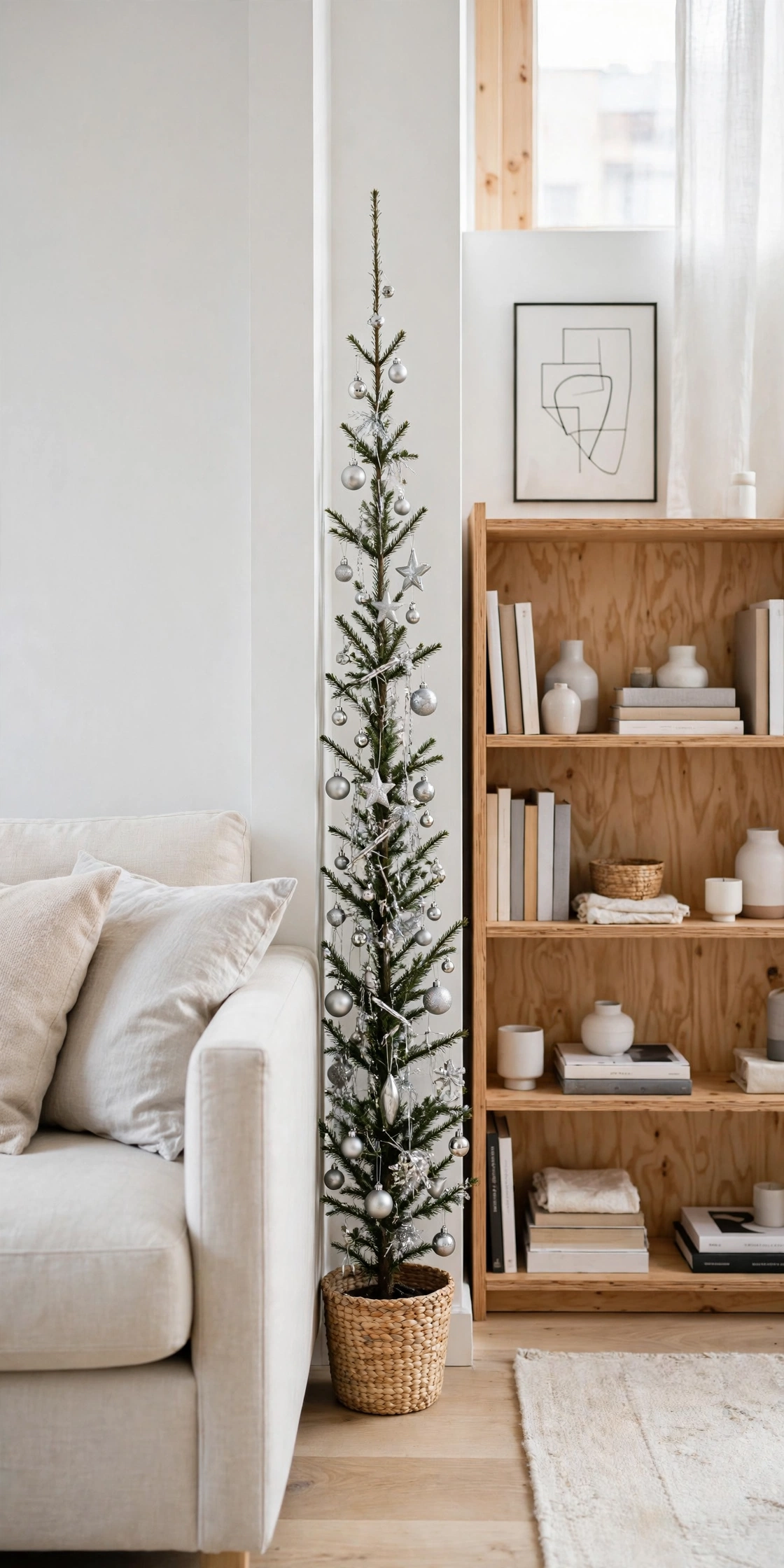 slim pencil tree between sofa and furniture