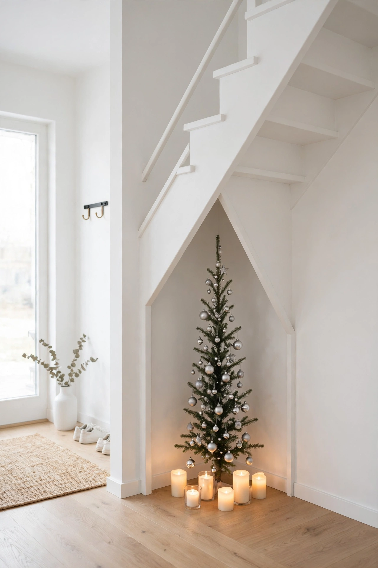 slim christmas tree under stairs nook