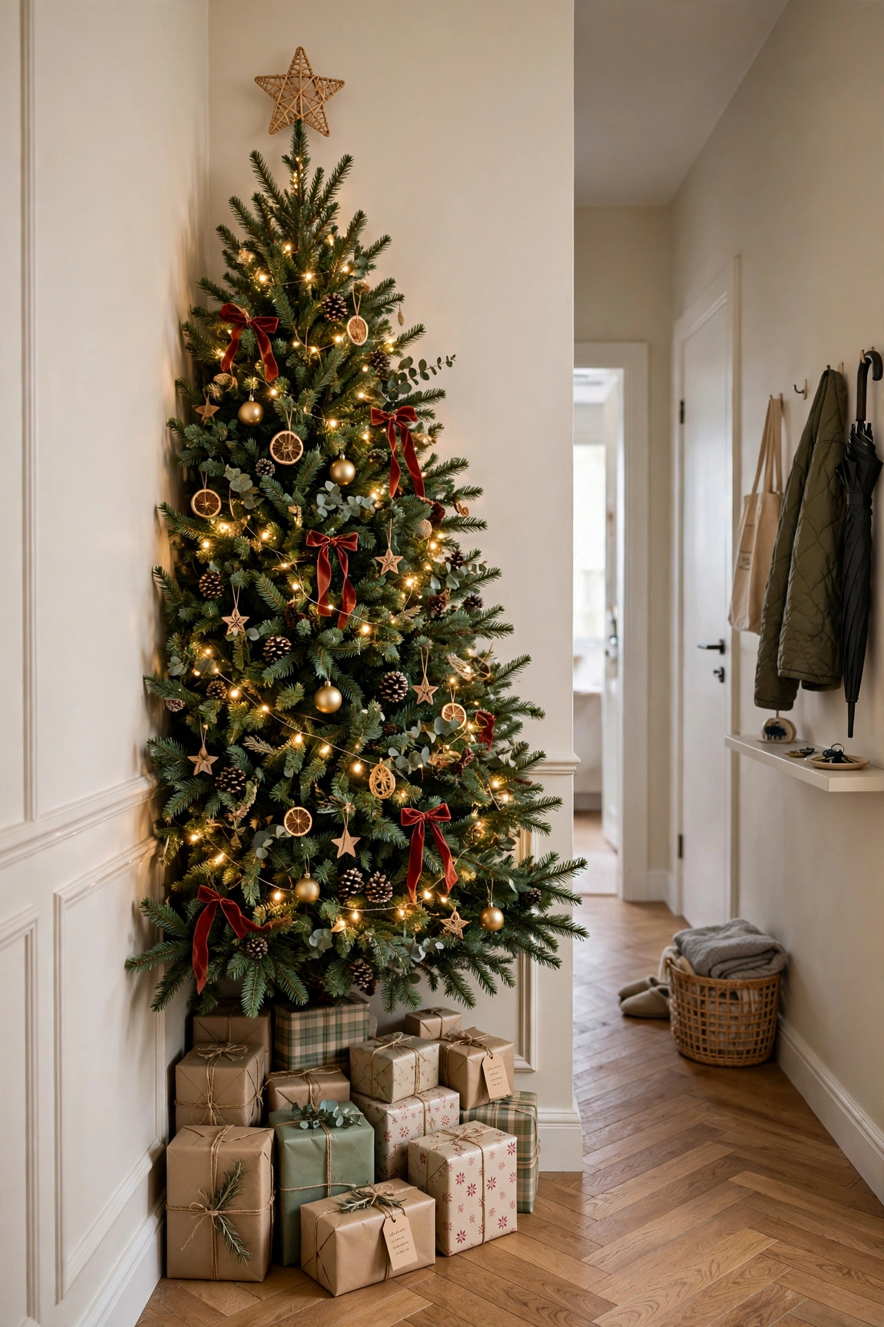 half christmas tree against wall small room