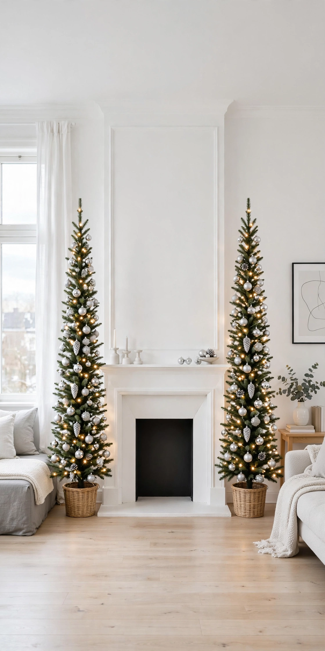two slim christmas trees flanking fireplace doorway