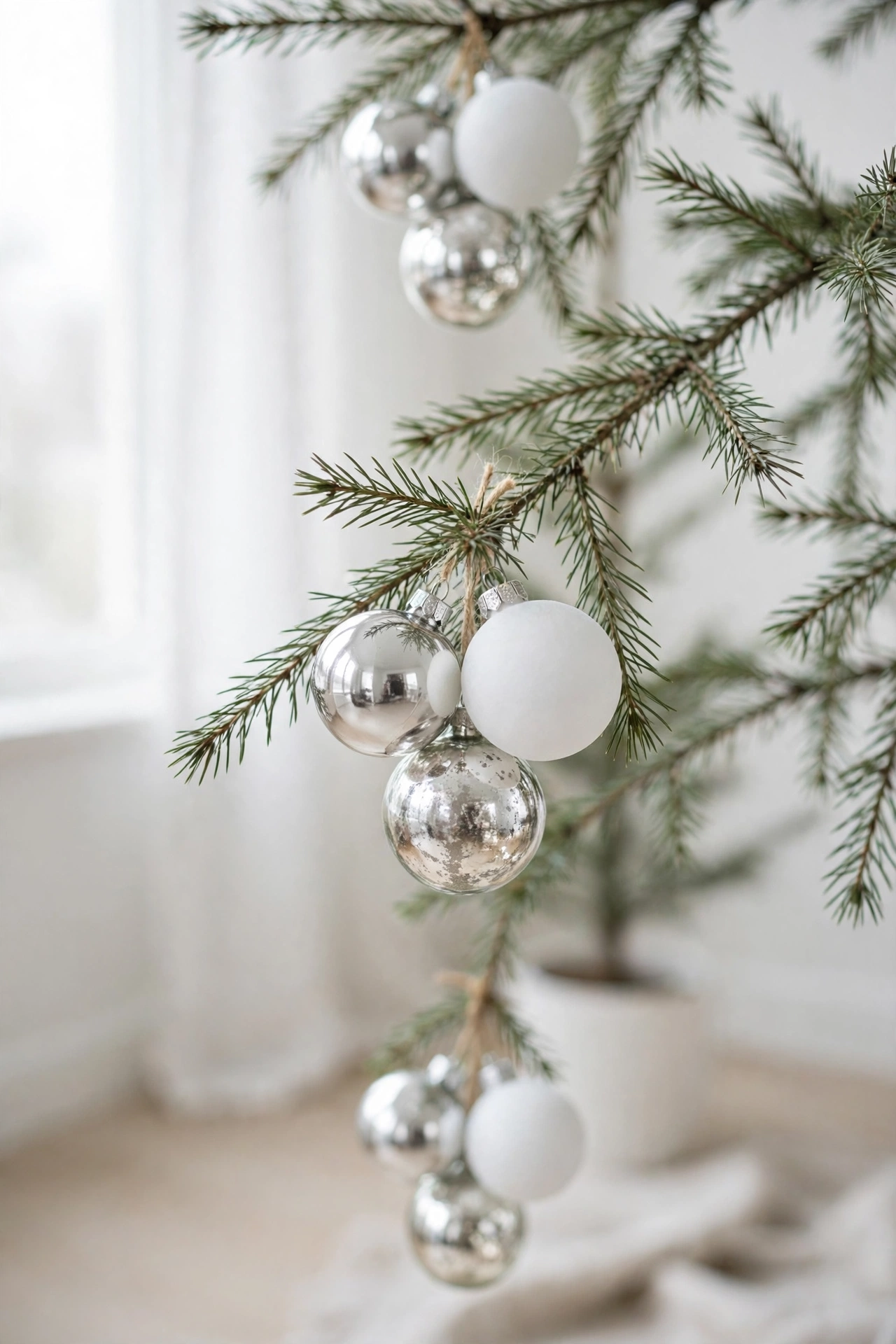 small ornaments clustered slim christmas tree