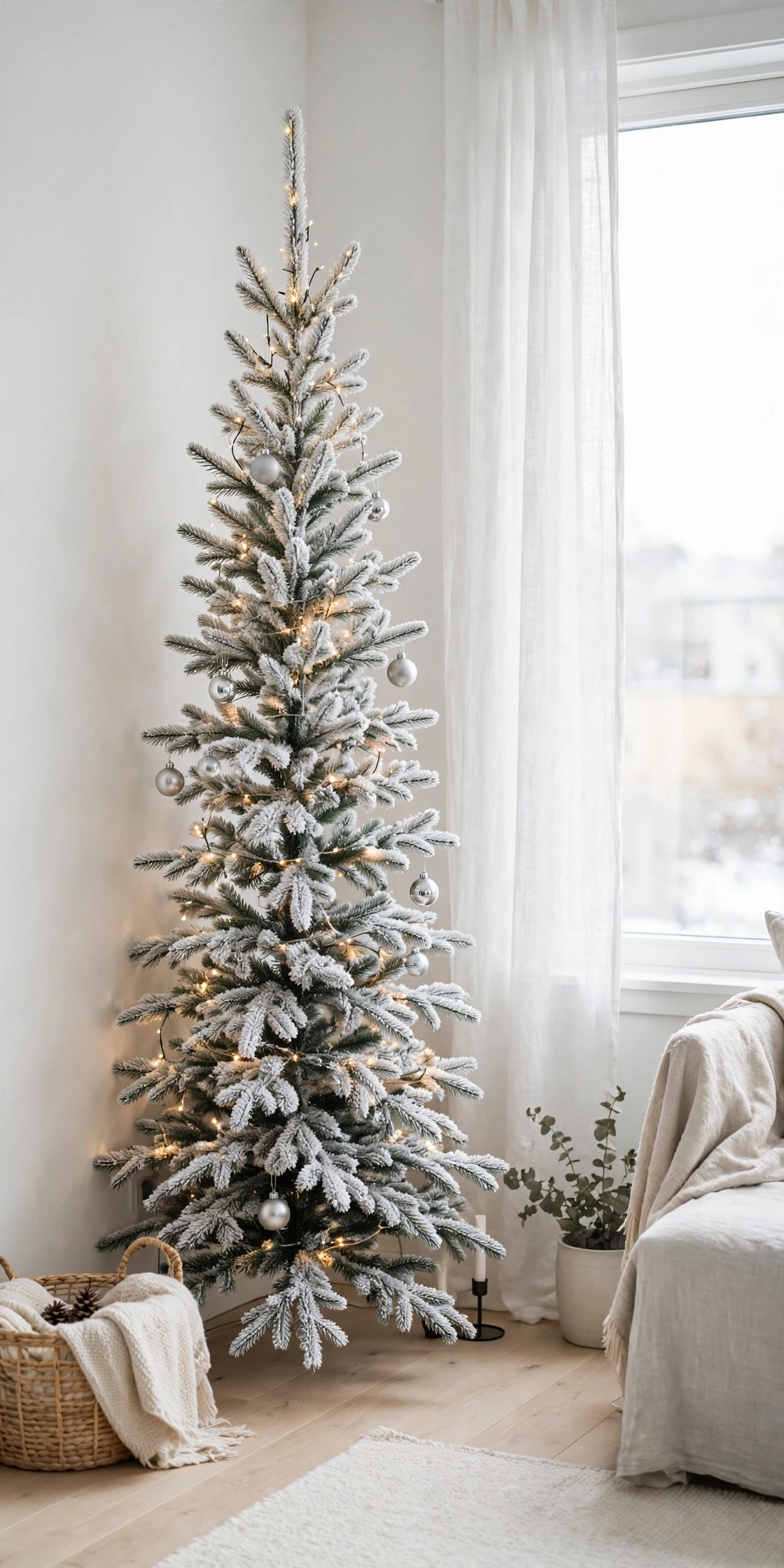 flocked slim christmas tree snowy
