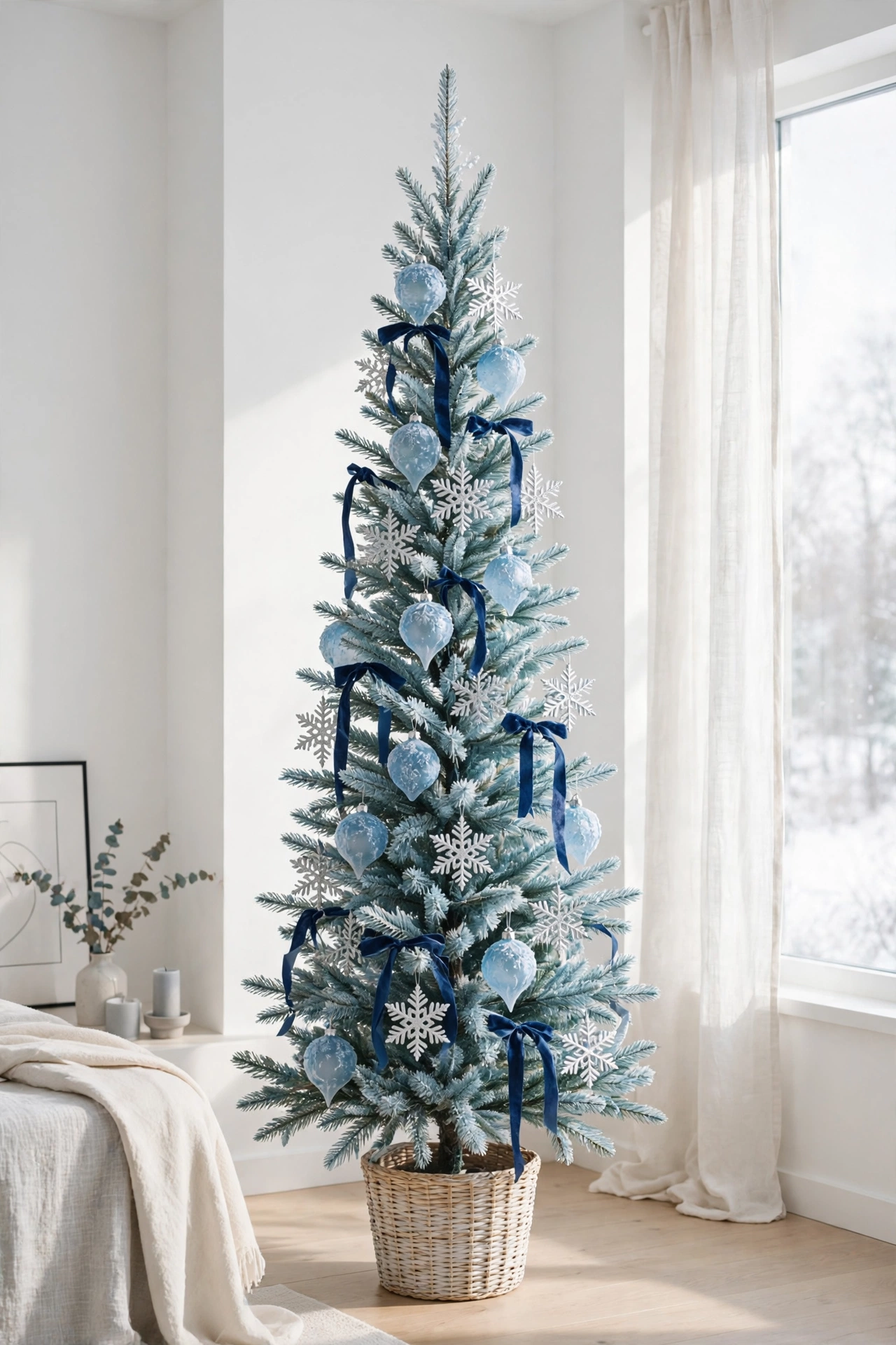 blue white slim christmas tree winter theme