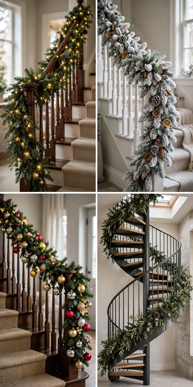 staircase christmas garland collage of prelit banister garland, flocked stair garland, bauble stair garland and spiral stair garland