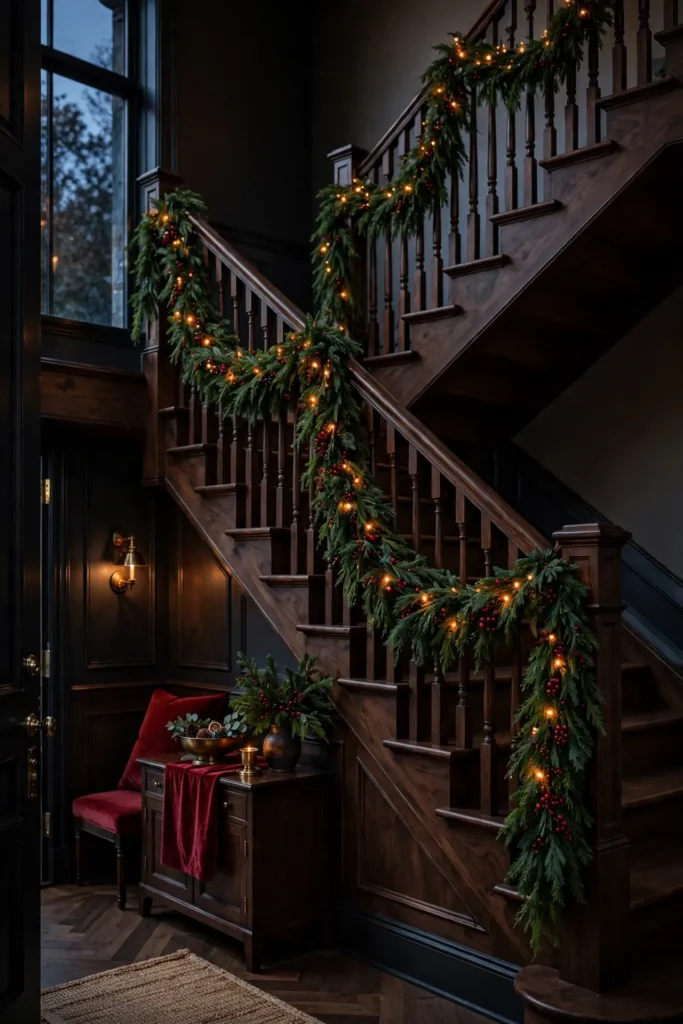 classic stair garland deep swags dark wood banister