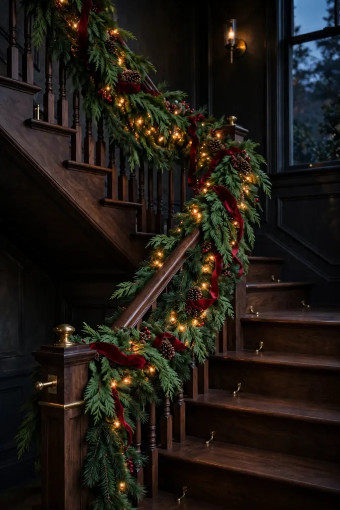 staircase with garland layered cedar pine warm lights