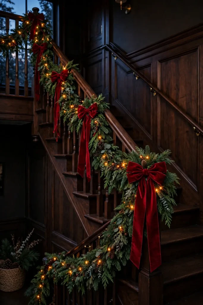 cranberry velvet bows christmas staircase garland
