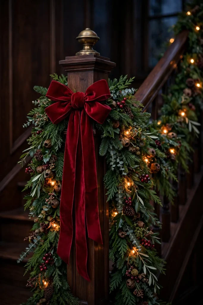 ribbon waterfall newel post christmas staircase decor