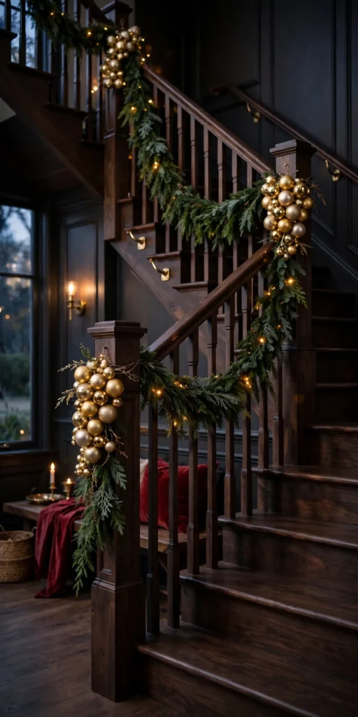 gold ornaments clustered newel post staircase garland