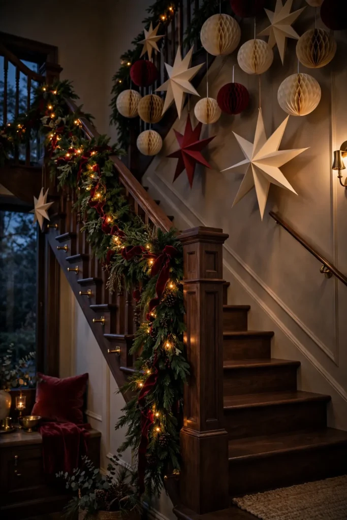 paper stars honeycomb ornaments christmas staircase