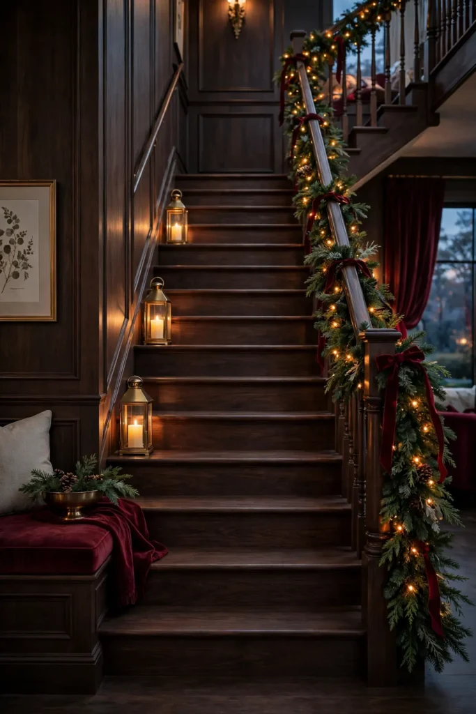 flameless lanterns wide christmas staircase steps garland