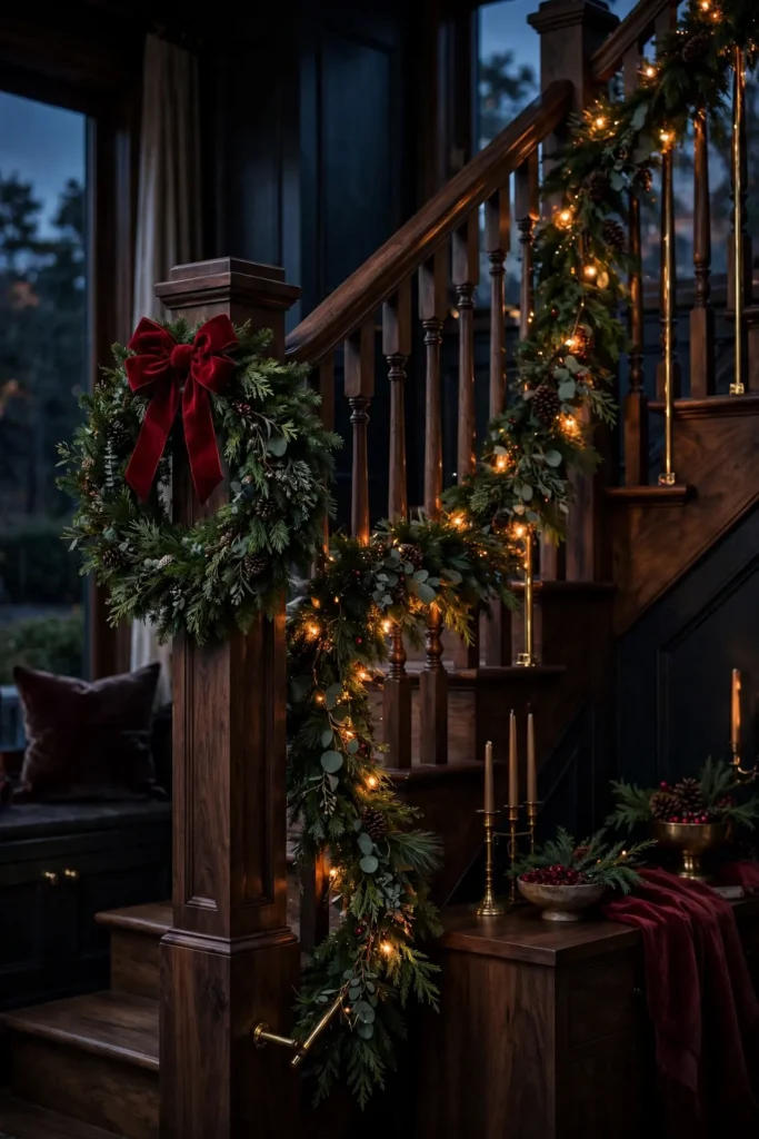 christmas wreath bow newel post staircase decor