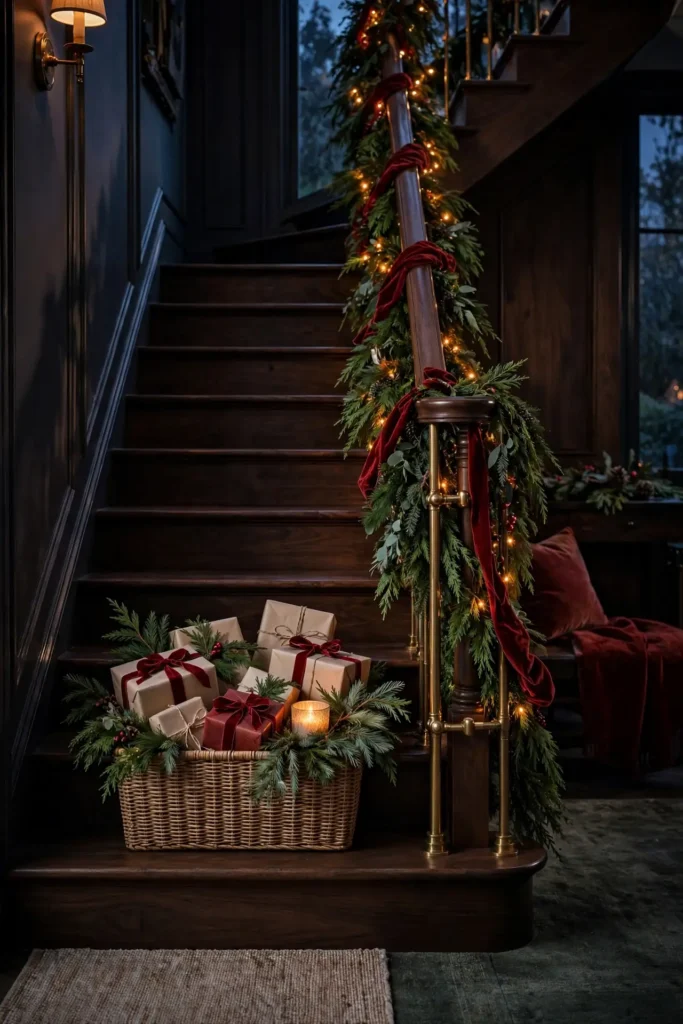 stair basket wrapped gifts greenery christmas staircase