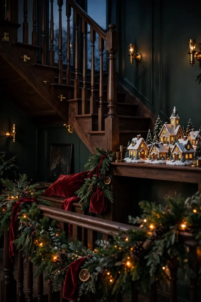 christmas village landing shelf staircase warm lights