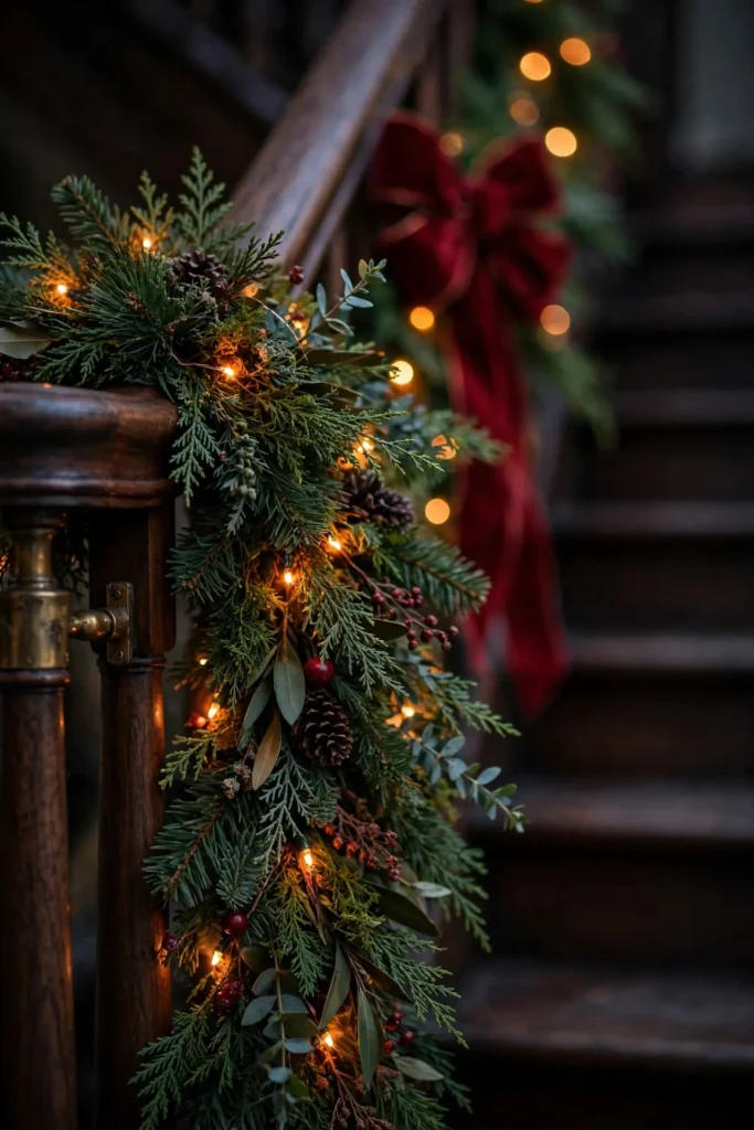 warm fairy lights woven christmas stairway garland