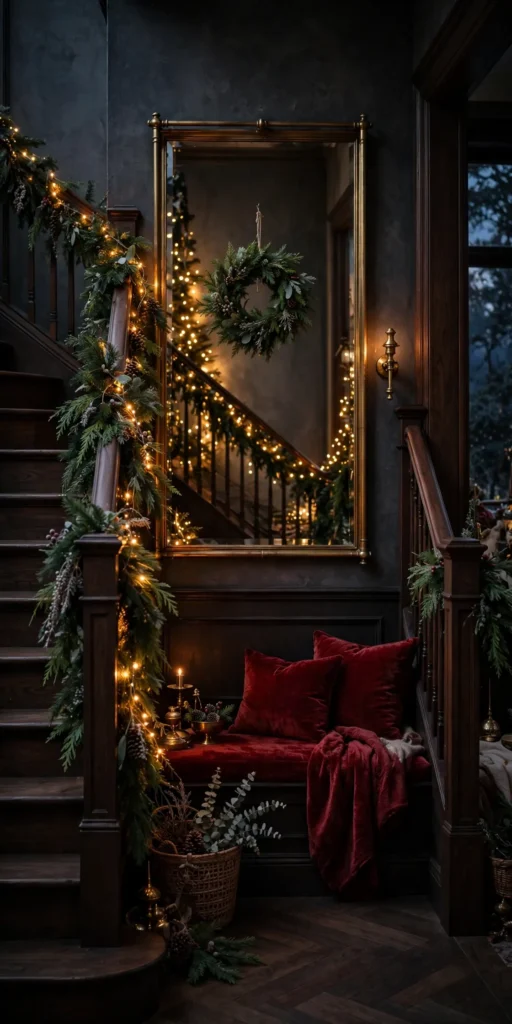 landing mirror wreath reflected christmas stair lights