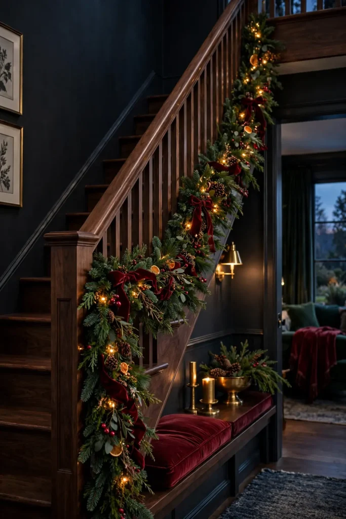 outside rail garland clear handrail christmas stairs