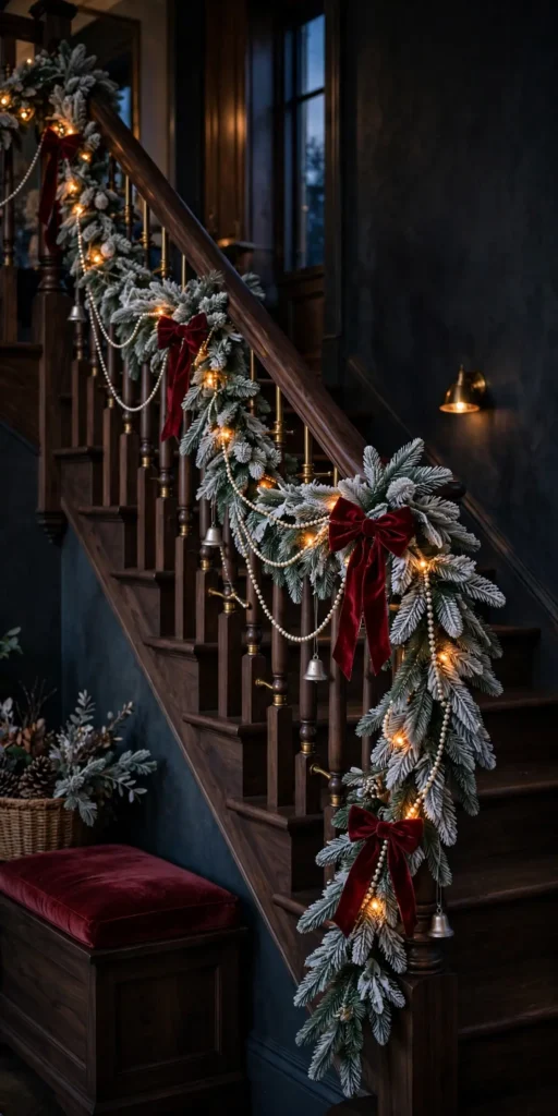 pearl bead strands snowy christmas staircase garland