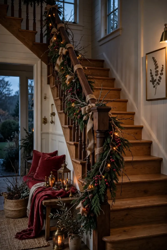 rustic burlap berry garland wooden staircase christmas