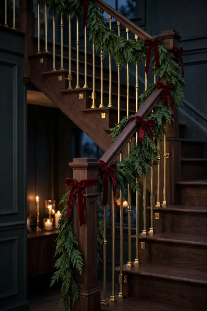 minimal christmas staircase decor single garland candlelight
