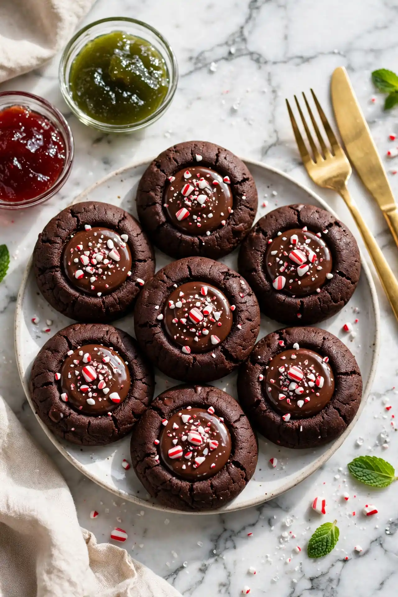 chocolate peppermint thumbprint cookies