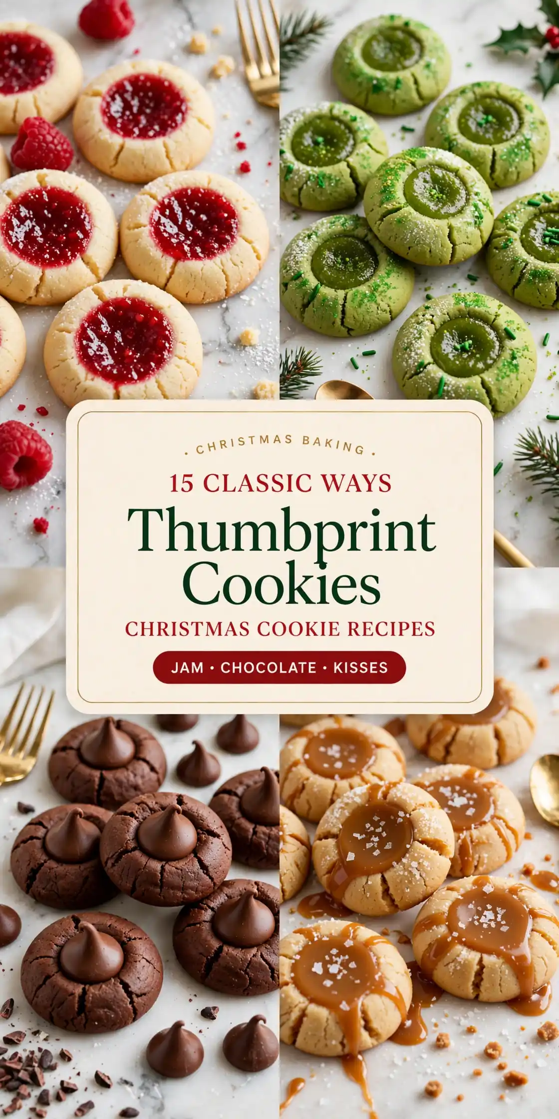 christmas thumbprint cookie recipes collage of raspberry jam chocolate and salted caramel thumbprint cookies