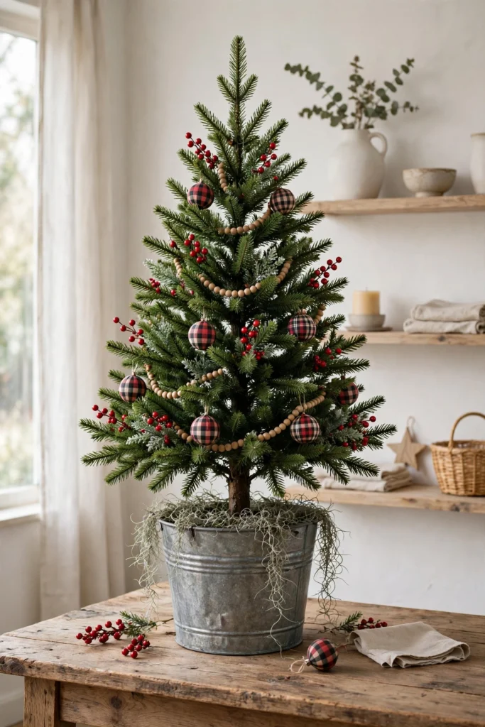 tabletop christmas tree in galvanized bucket farmhouse