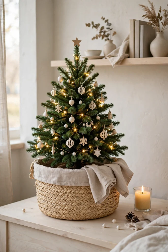 mini christmas tree in woven basket base cozy