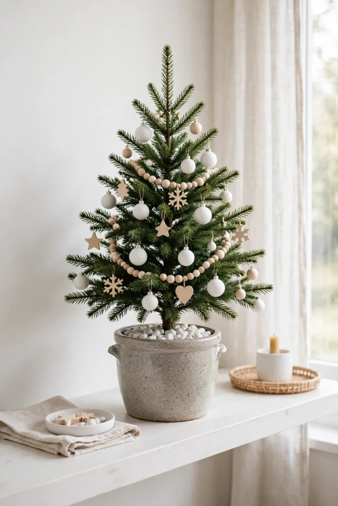 tabletop christmas tree in ceramic crock stoneware pot