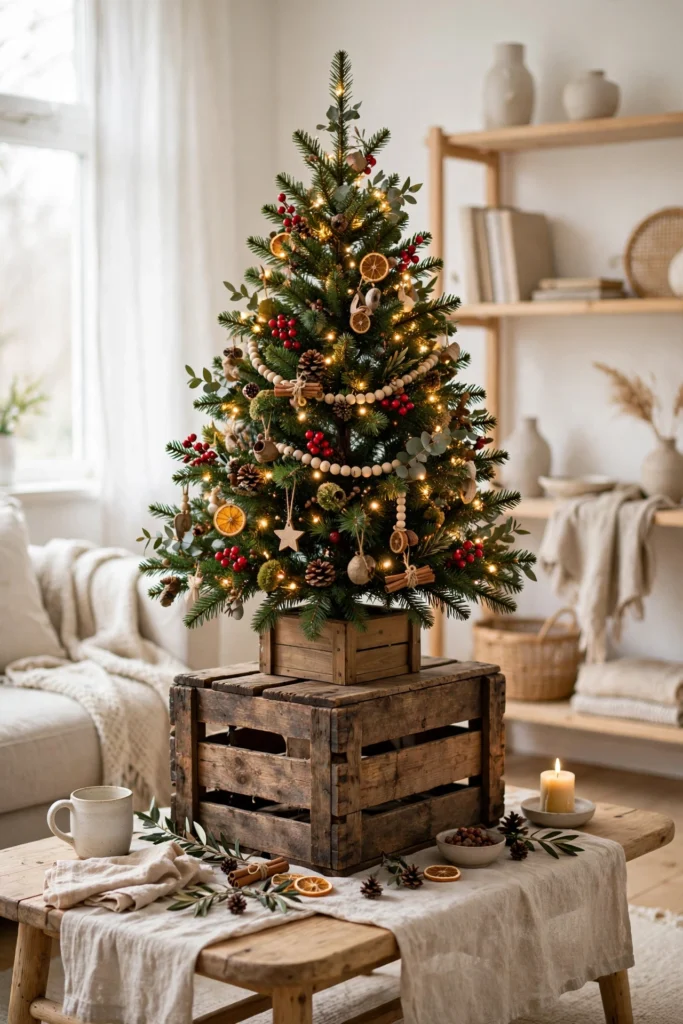 tabletop christmas tree on wooden crate riser height