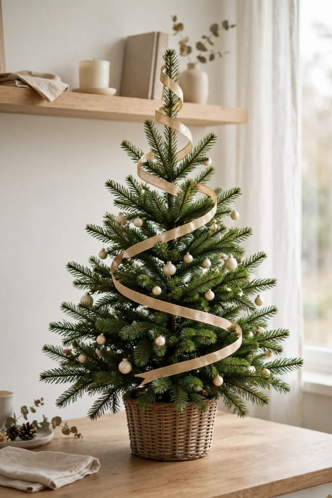 wired ribbon on small christmas tree spiral styling