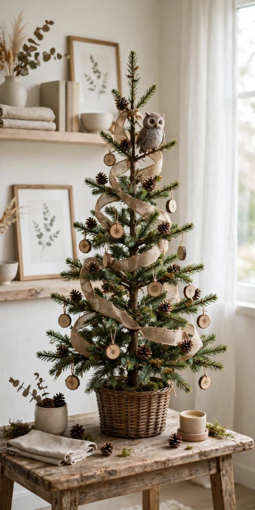 woodland tabletop christmas tree pinecones burlap theme
