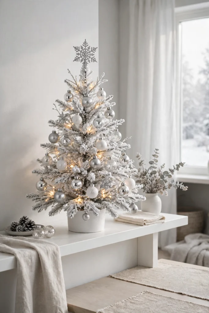 white and silver tabletop christmas tree winter theme