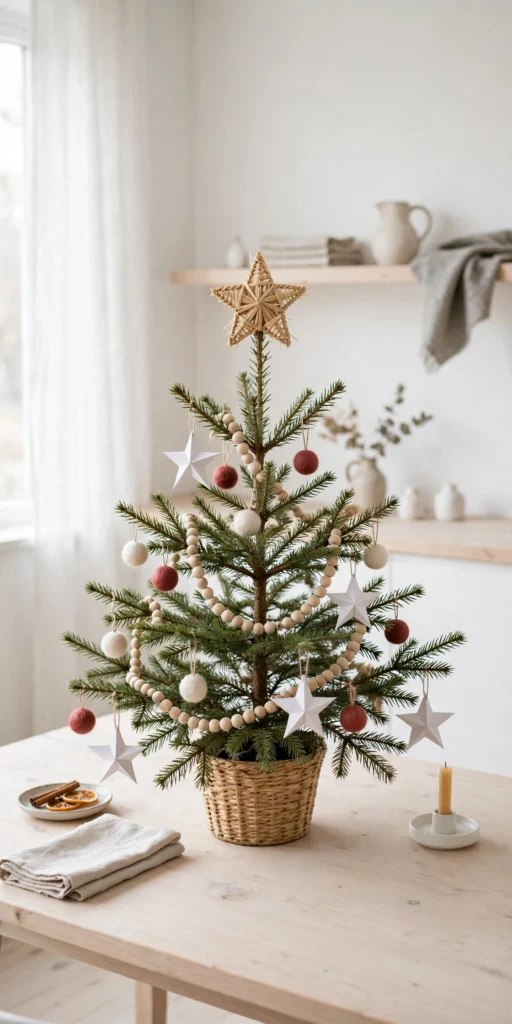 scandinavian tabletop christmas tree red white wood beads