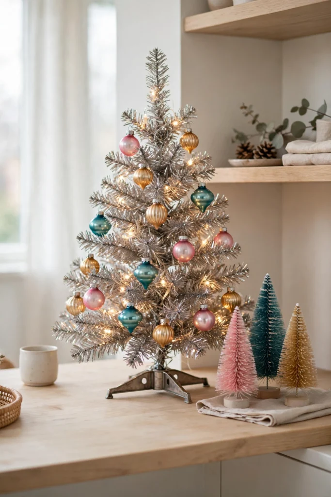 vintage tinsel tabletop christmas tree retro ornaments