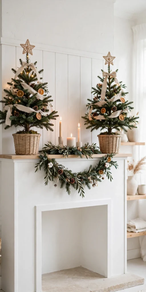pair of tabletop christmas trees on mantel symmetry