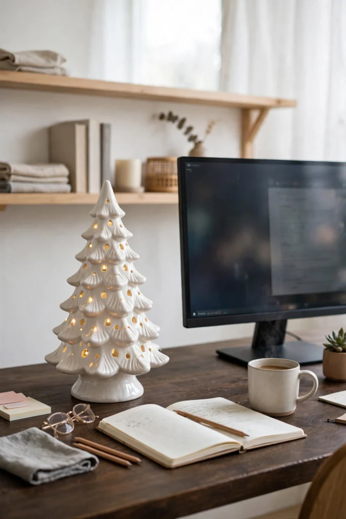 mini christmas tree on office desk workspace decor