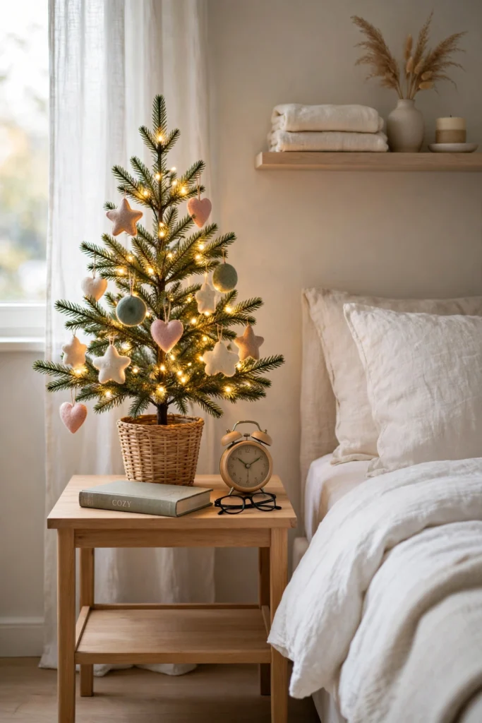 tabletop christmas tree on bedroom nightstand timer lights