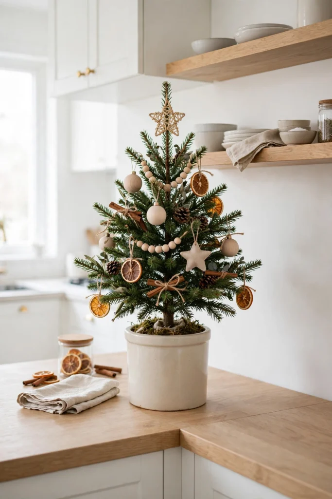 small christmas tree on kitchen counter herb garden