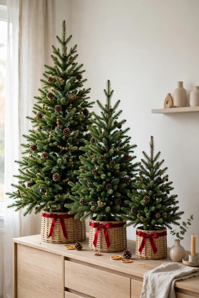 group of three tabletop christmas trees different heights